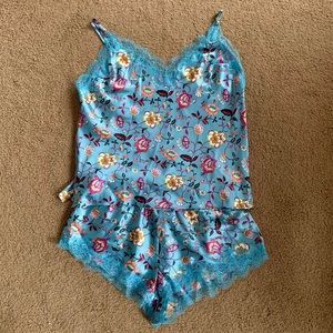 Victoria’s Secret Blue Floral Very Sexy Lace Satin Cami and Shorts sleep set